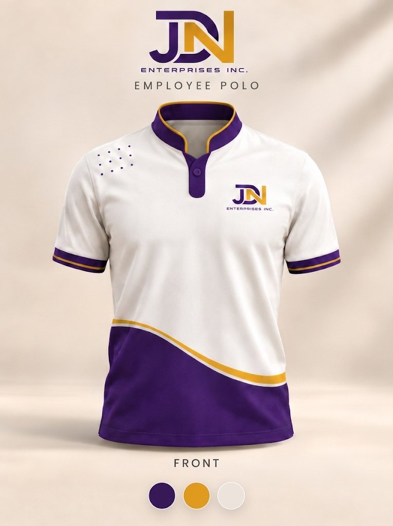 JDN employee polo, front view: white Chinese collar polo with purple wave, gold trim and JDN logo