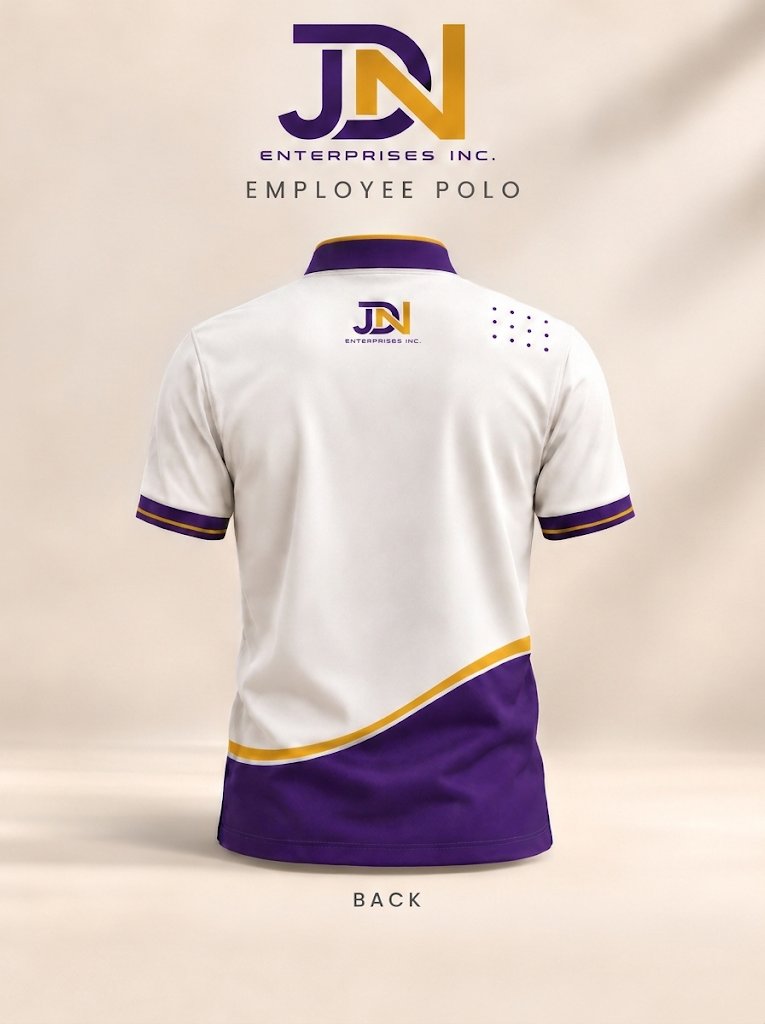 JDN employee polo, back view: white with purple collar, purple wave, gold trim and JDN logo